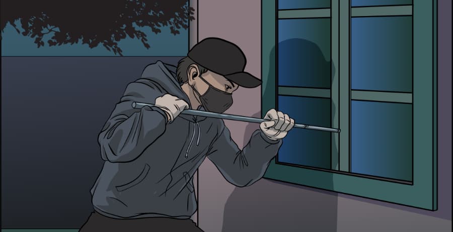 Illustration of burglar forcing entry through a window in Kennewick